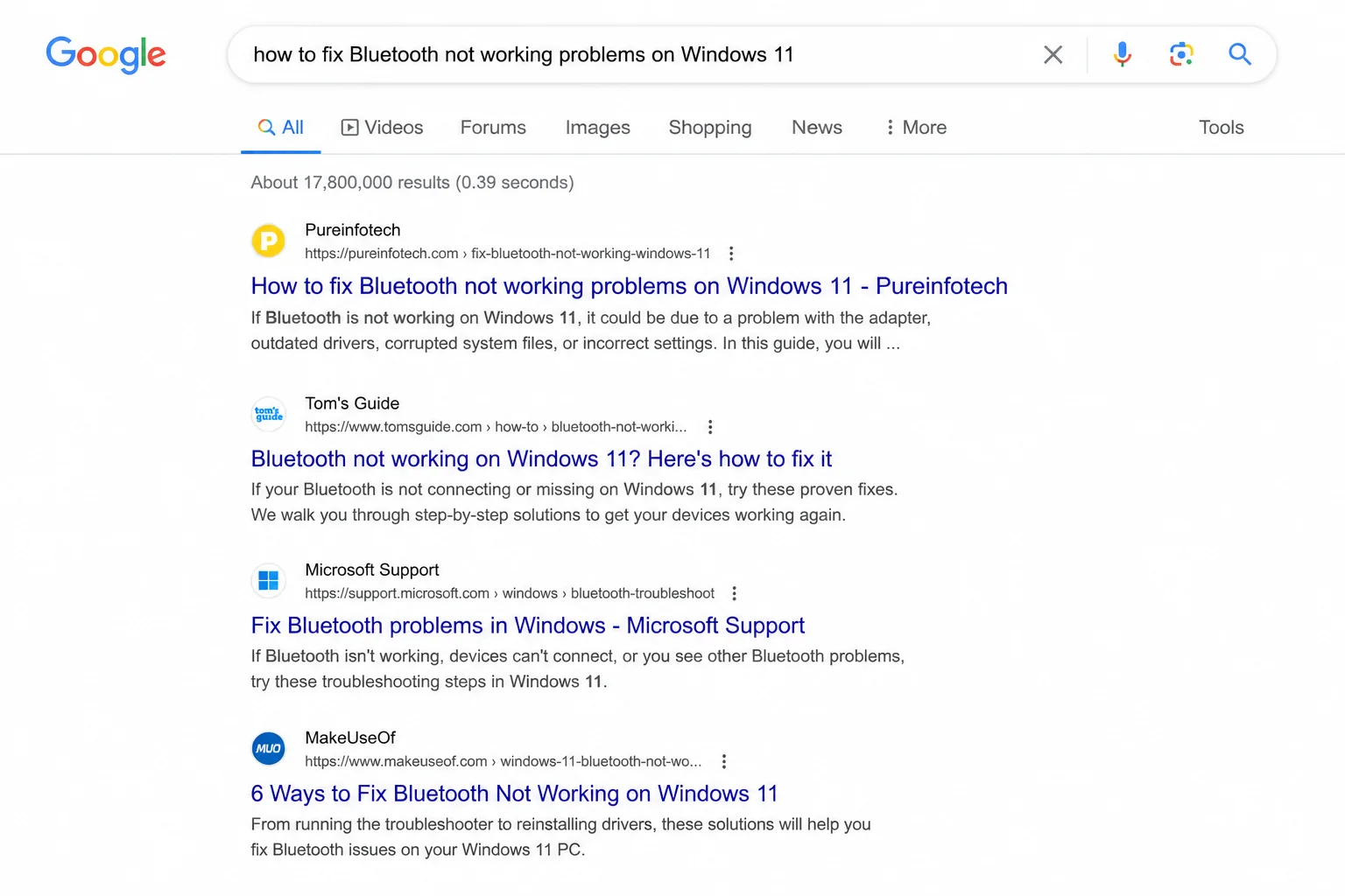 Google Search results page for "windows 11 bluetooth not working" showing the top organic results