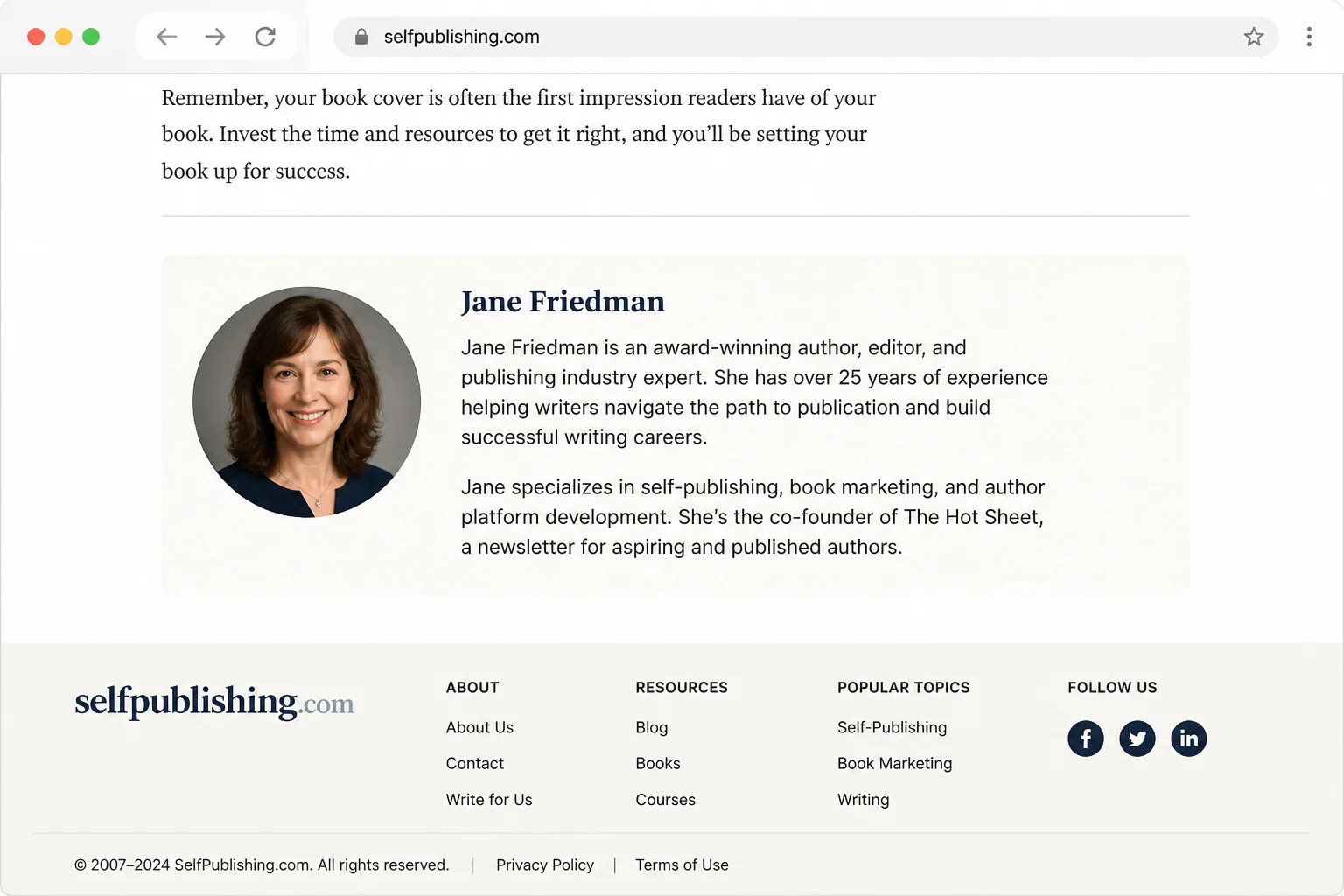 Example of a per-article author bio section at the bottom of a blog post showing headshot, credentials, and area of expertise