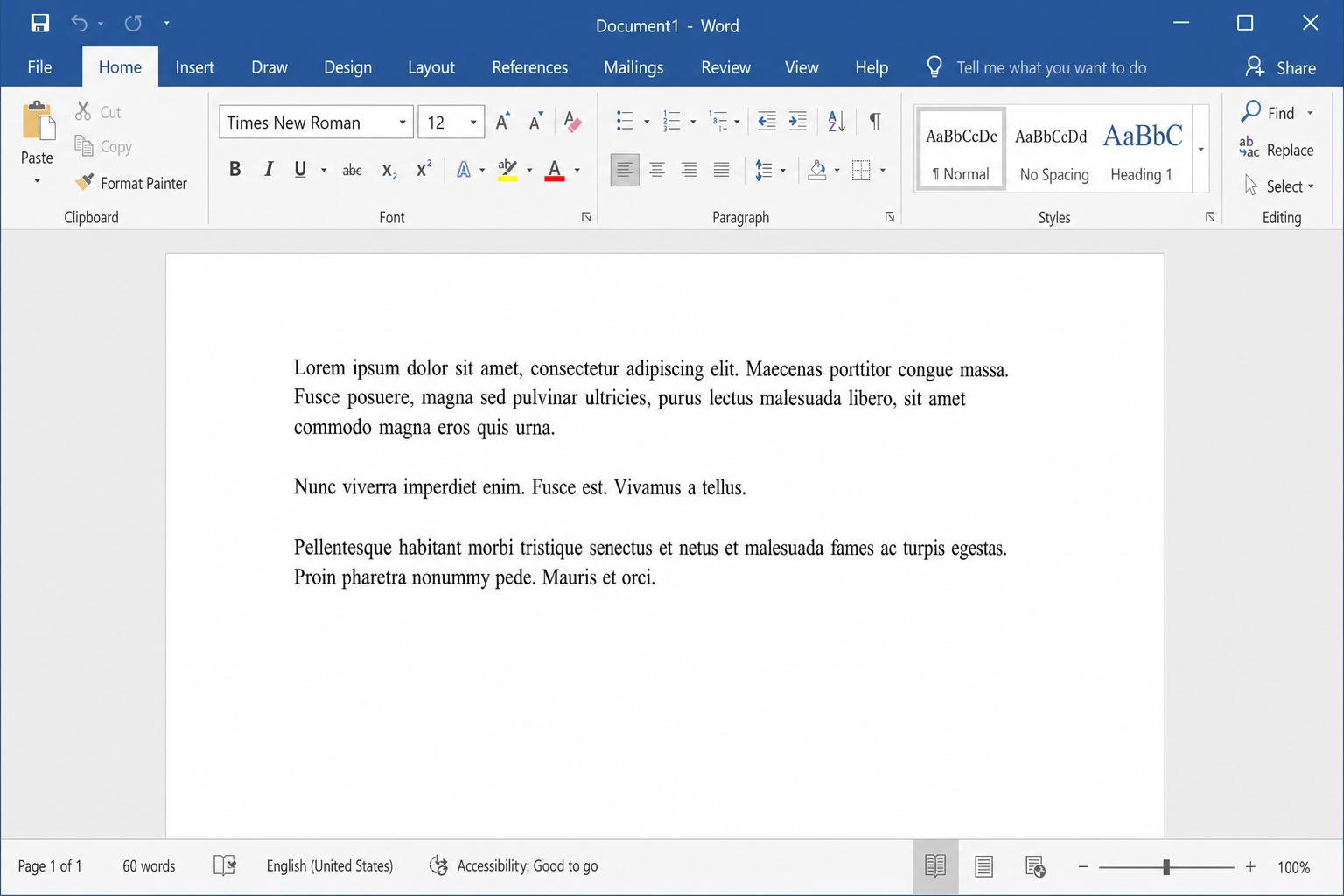 Word Home tab with Font dropdown showing Times New Roman selected and size set to 12