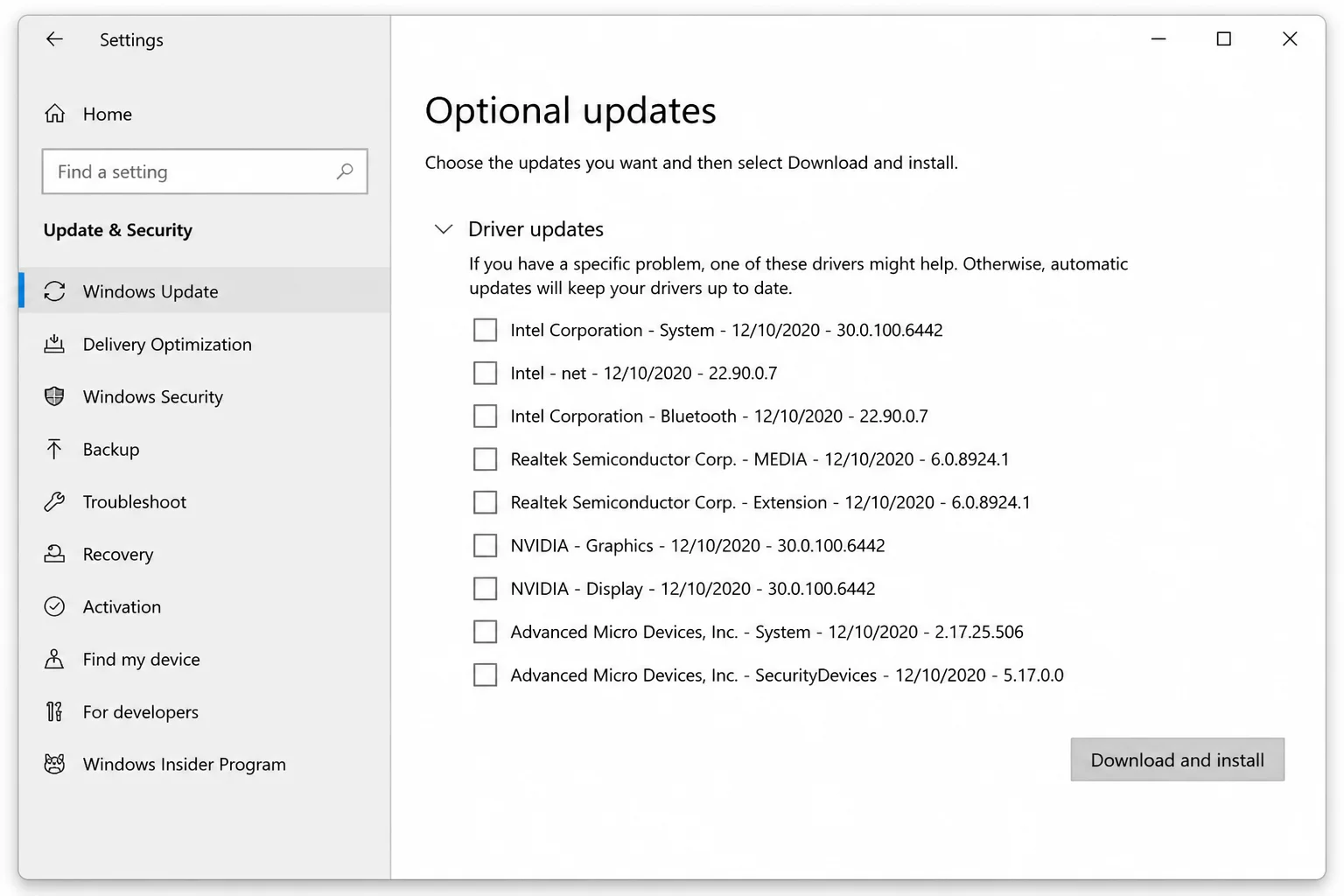 Windows 10 Windows Update View optional updates page showing Driver updates tab
