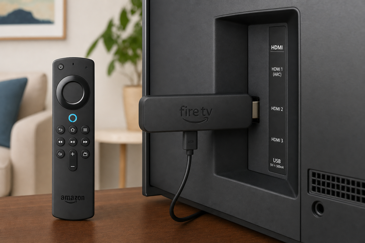 Amazon Fire TV Stick 4K plugged into TV HDMI port with Alexa Voice Remote beside it