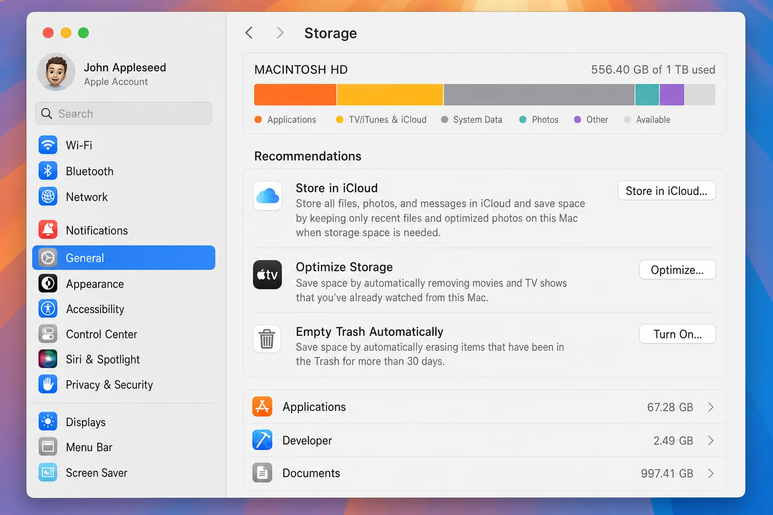 macOS Sequoia System Settings > General > Storage with storage breakdown visible
