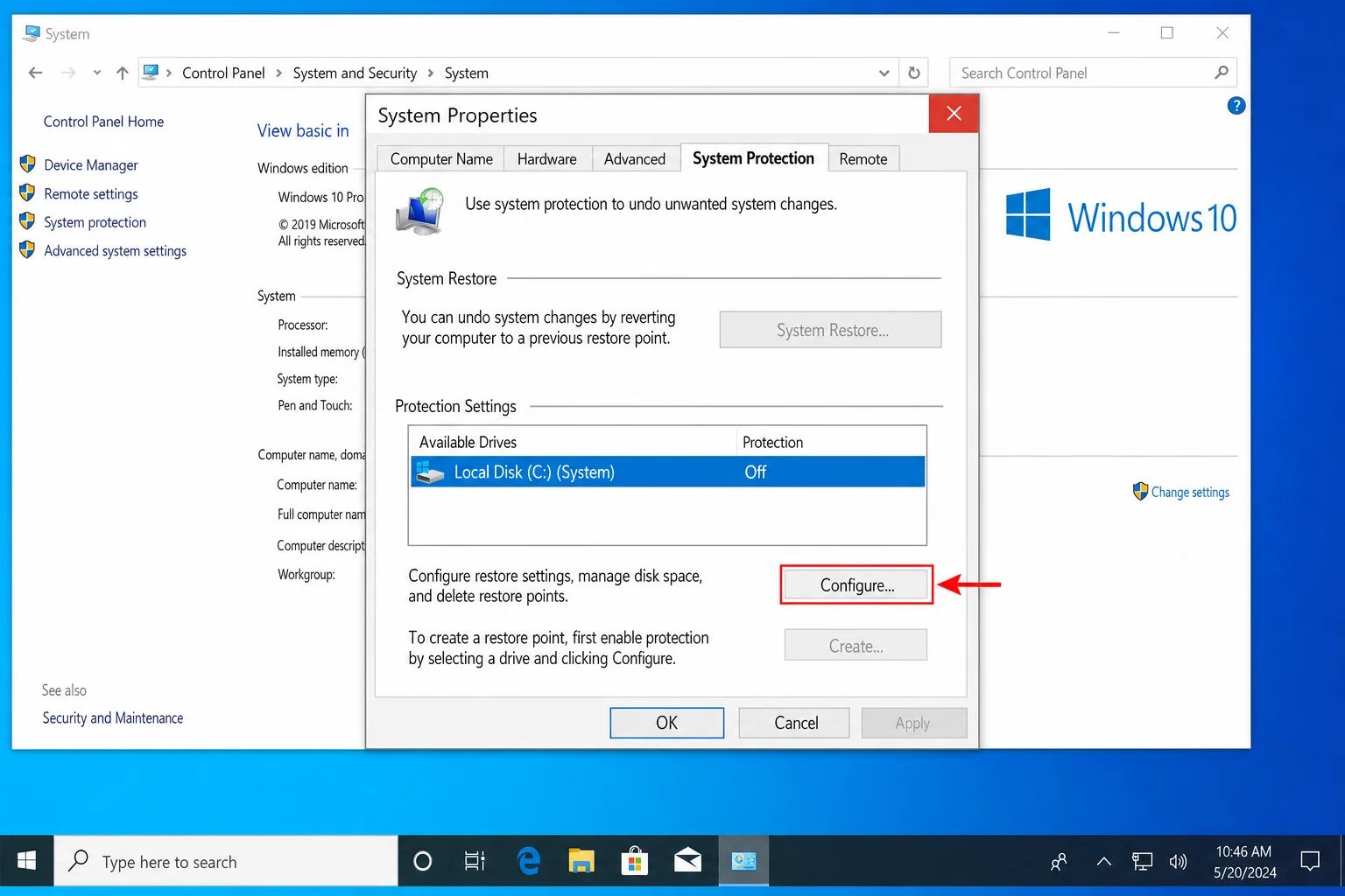 System Properties > System Protection tab with C: drive selected and Configure button highlighted