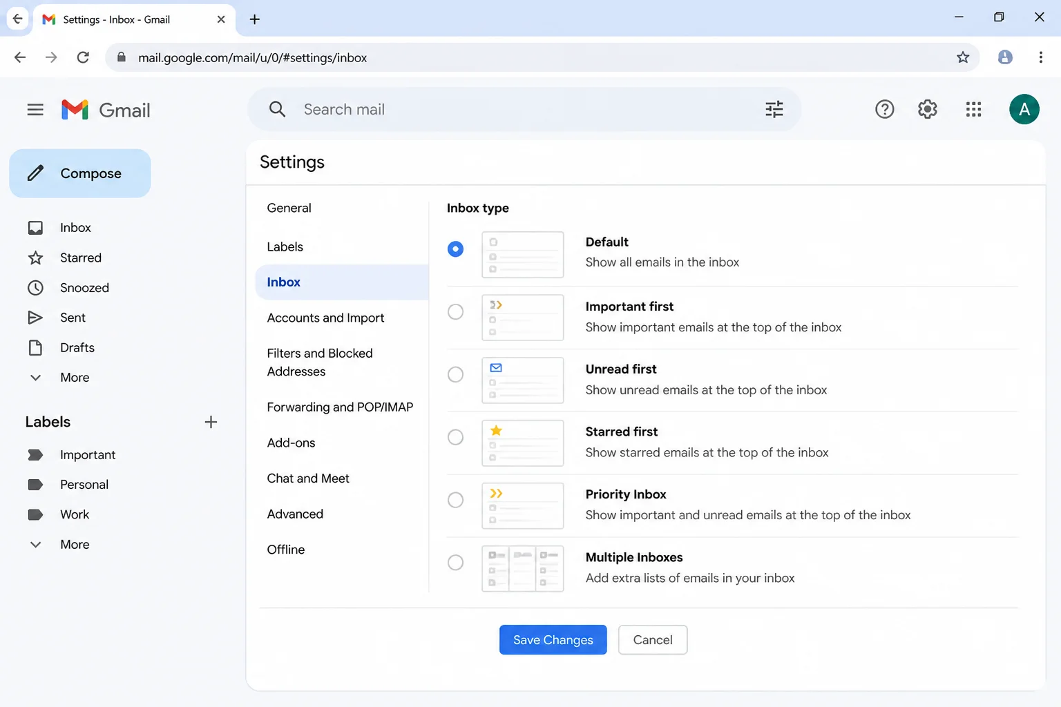 Gmail Settings > See all settings > Inbox page with inbox type and category options visible