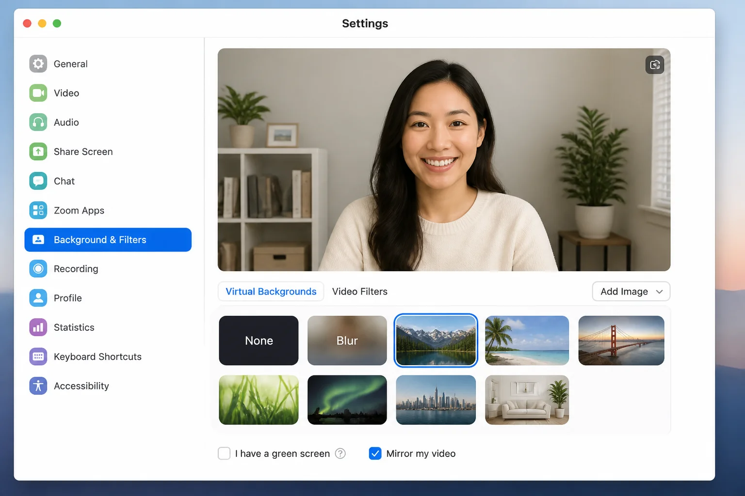 Zoom Workplace Video & effects settings showing camera preview and virtual background choices