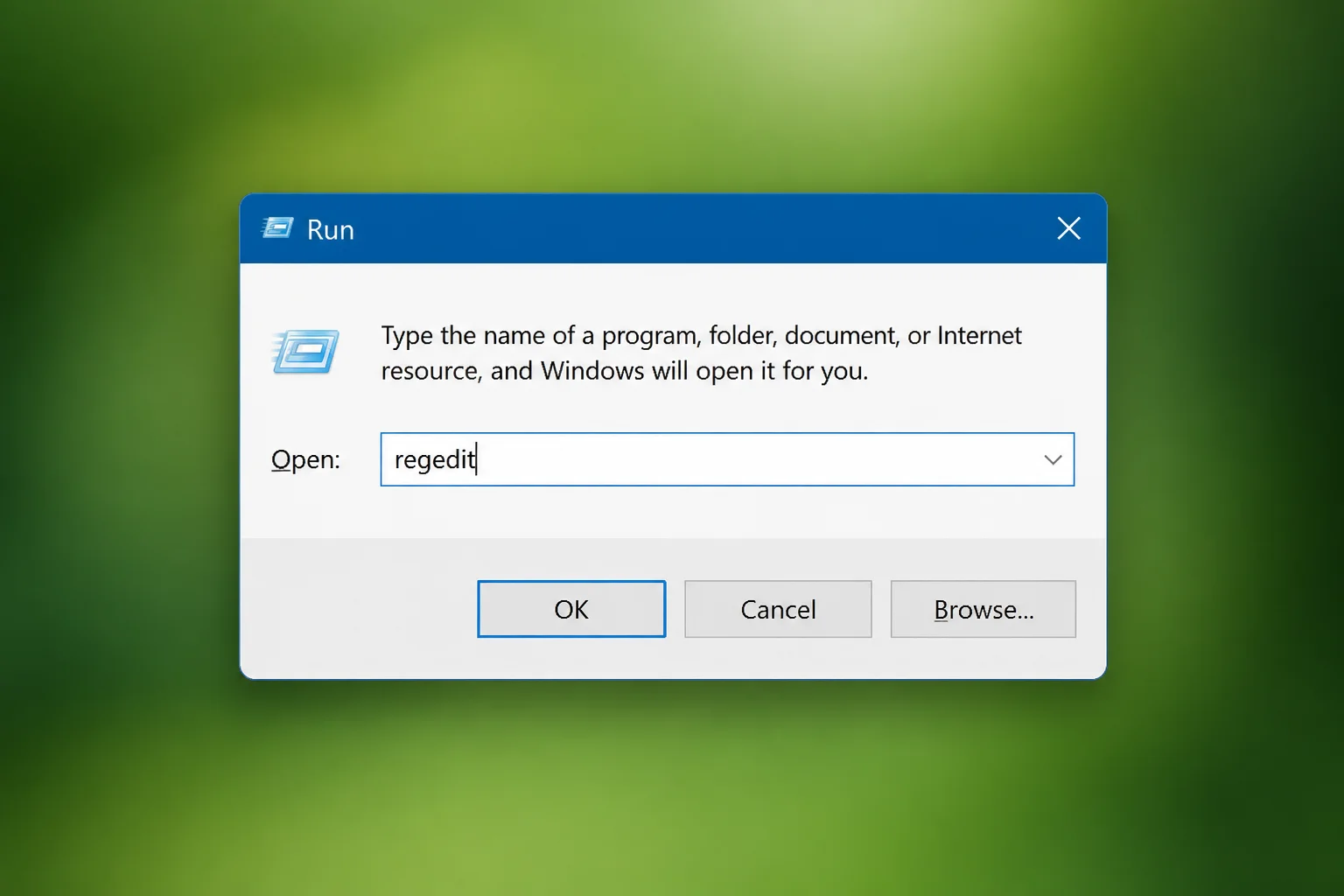 Windows Run dialog box with regedit typed in the text field