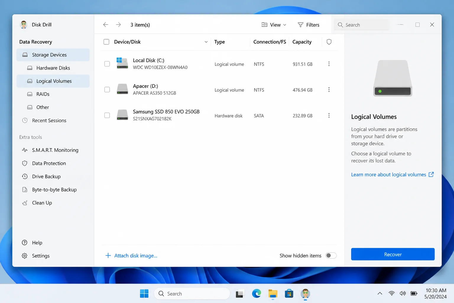 Disk Drill main window showing list of connected drives with Recover button highlighted