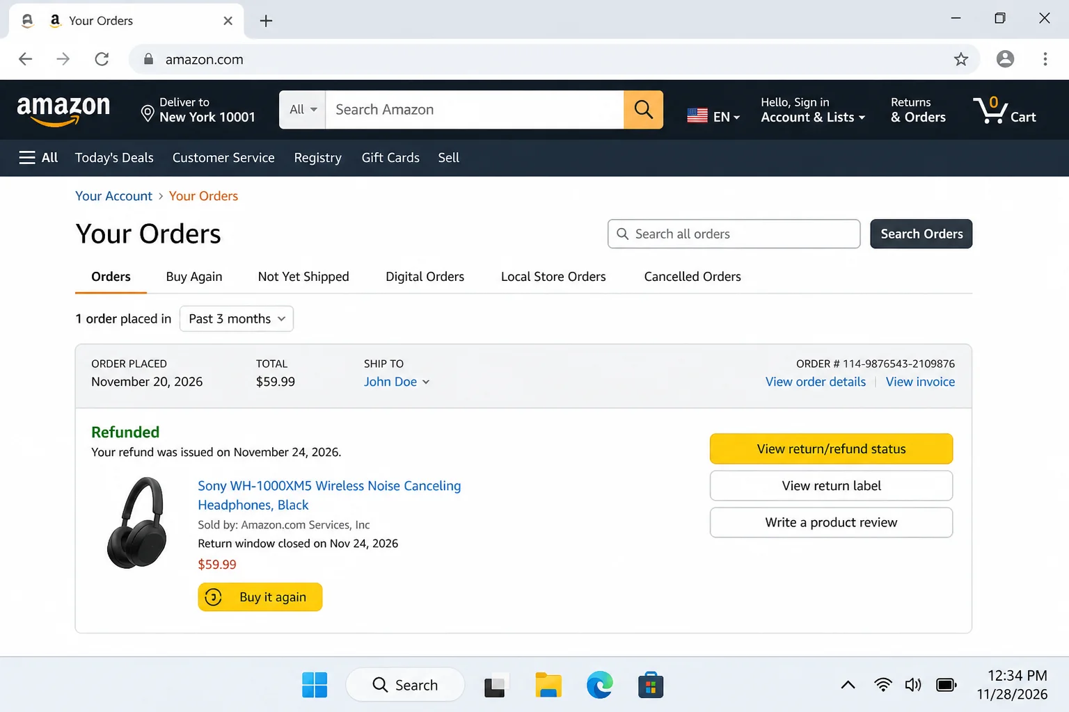 Amazon Your Orders page showing a refund status on a recent order