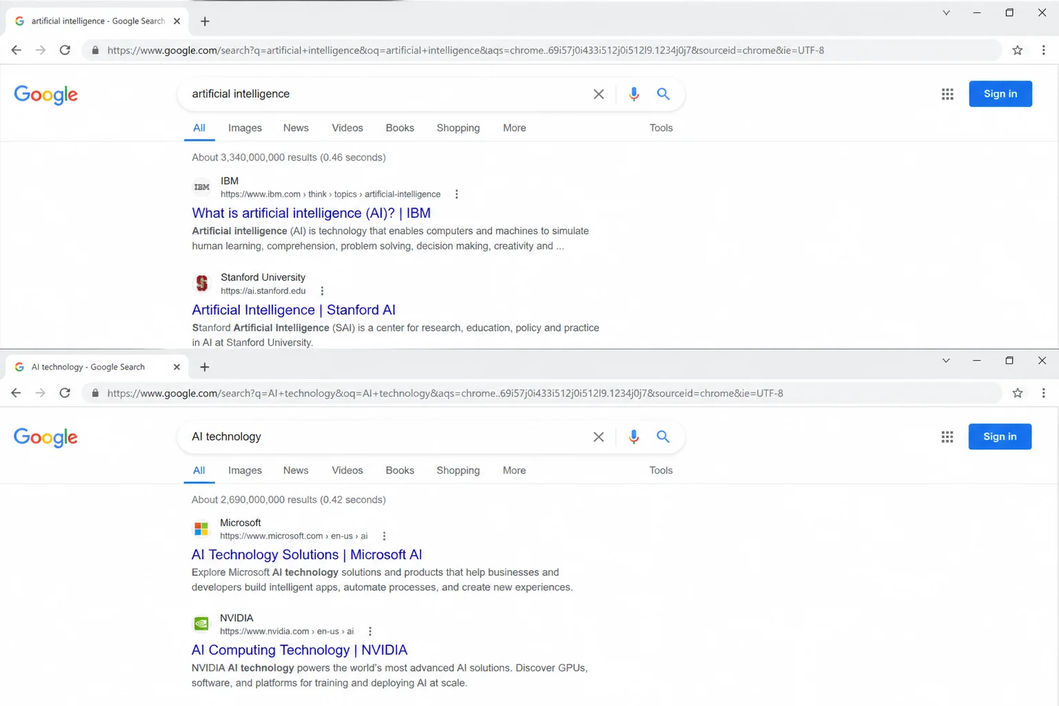 Google Search showing noticeably different results for two synonym phrasings of the same concept, displayed one after the other