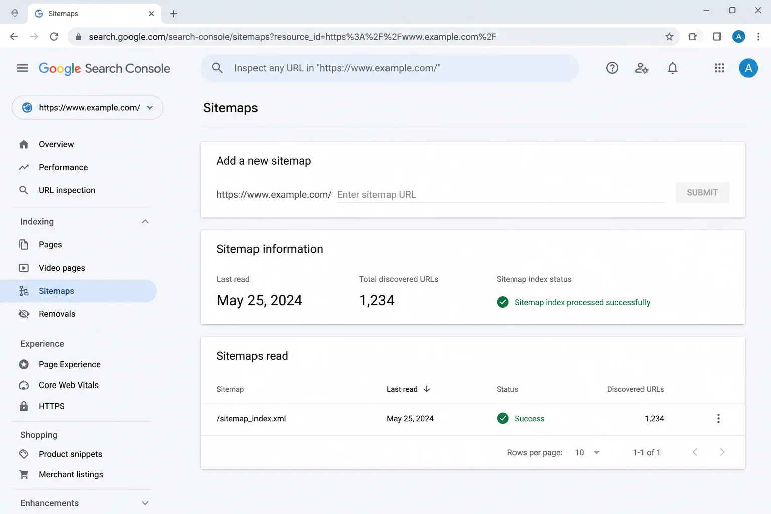 Google Search Console Sitemaps report showing a submitted sitemap with successful indexing status