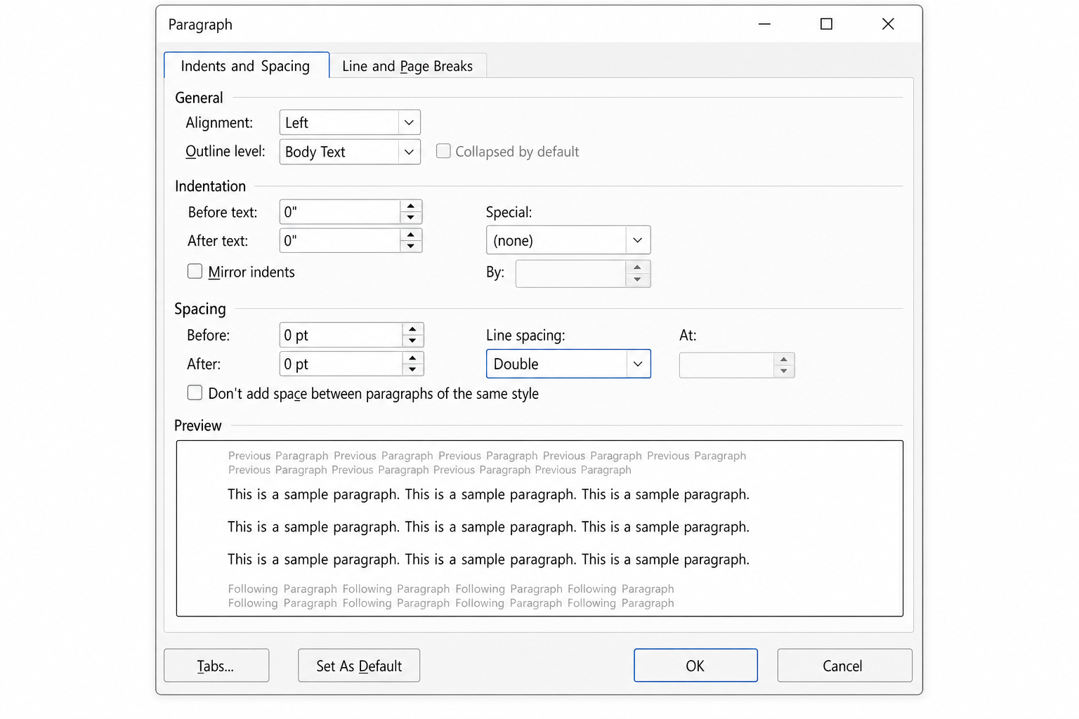 Word Paragraph dialog box with Spacing Before and After set to 0pt and Line spacing set to Double