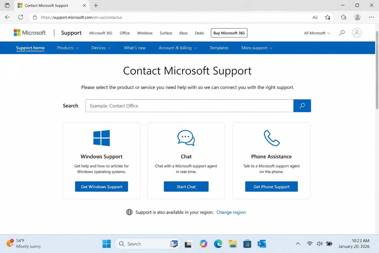 Microsoft Support homepage showing options for Windows support, chat, and phone assistance