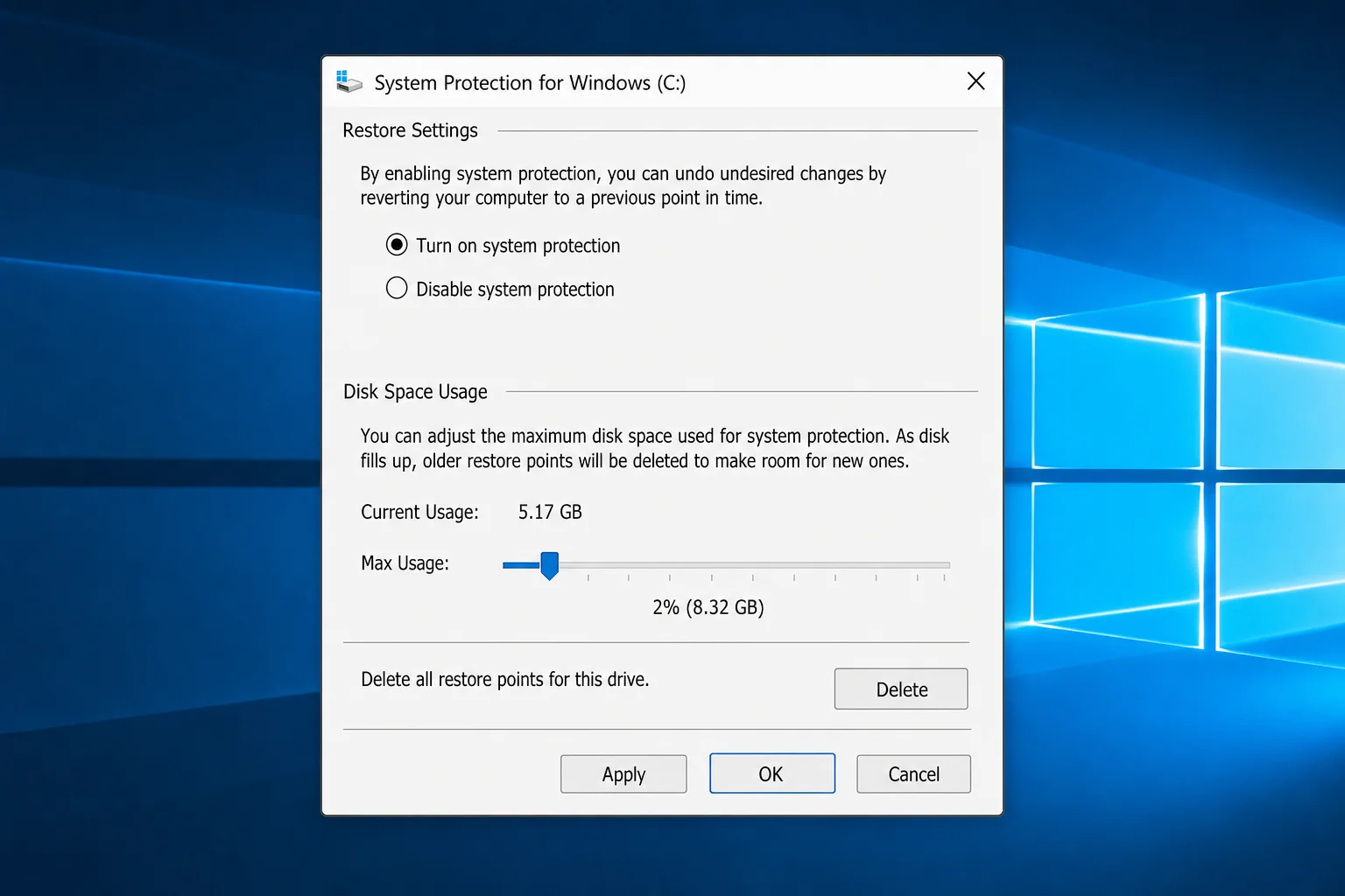 System Protection configuration dialog with "Turn on system protection" selected and the Disk Space Usage slider set to around 5-10%, Apply and OK buttons visible