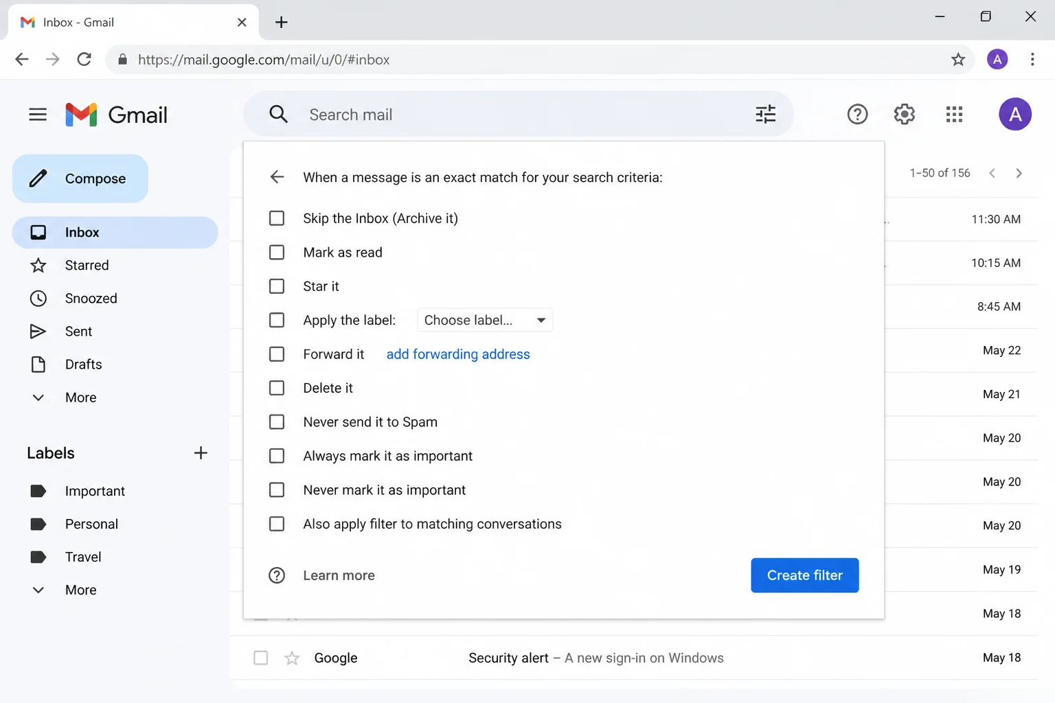 Current Gmail Create filter dialog showing options to skip the inbox, mark as read, apply a label, and delete matching messages