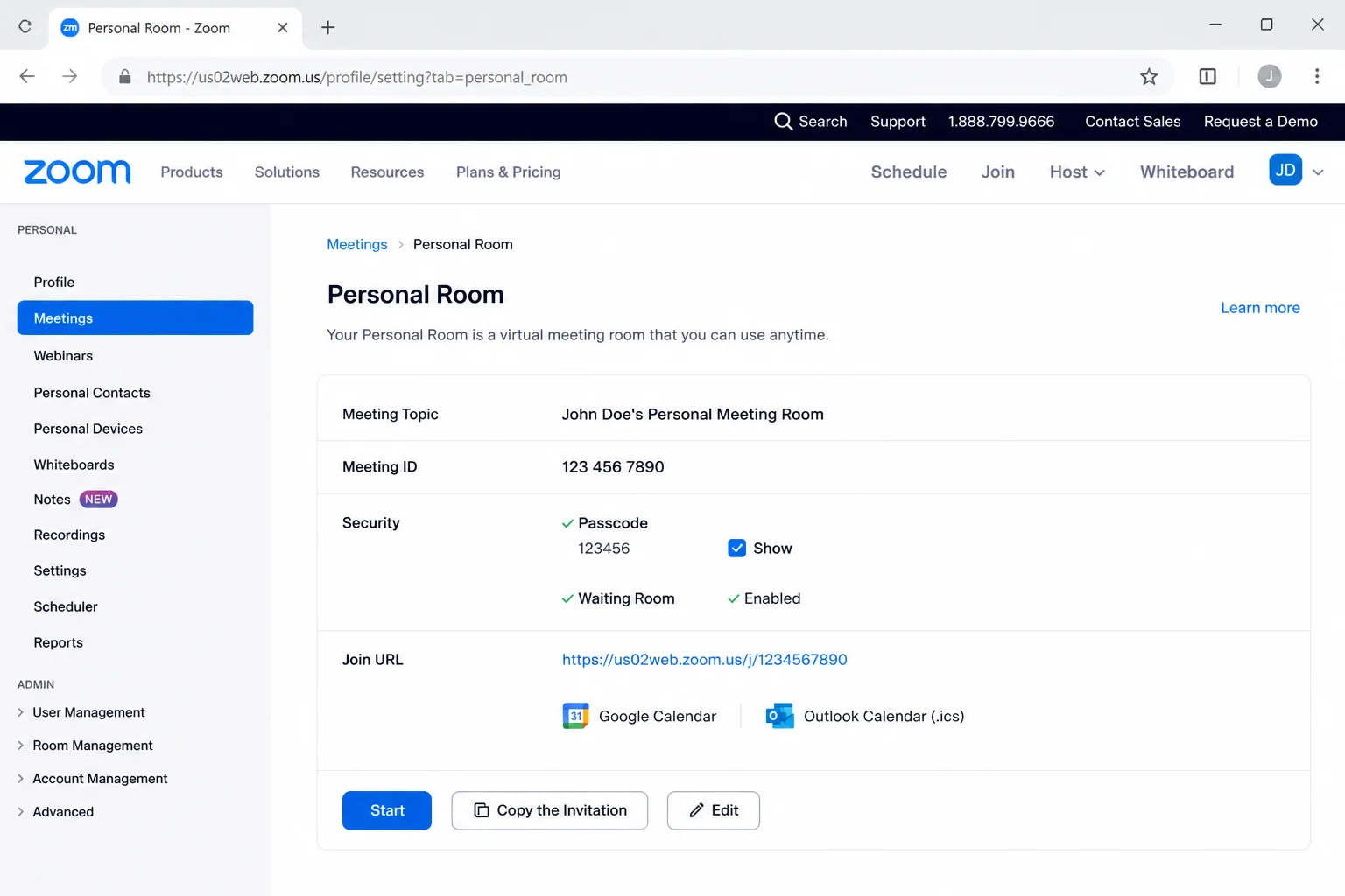 Zoom web portal meeting settings showing Waiting Room, passcode, join-before-host, and screen-sharing controls