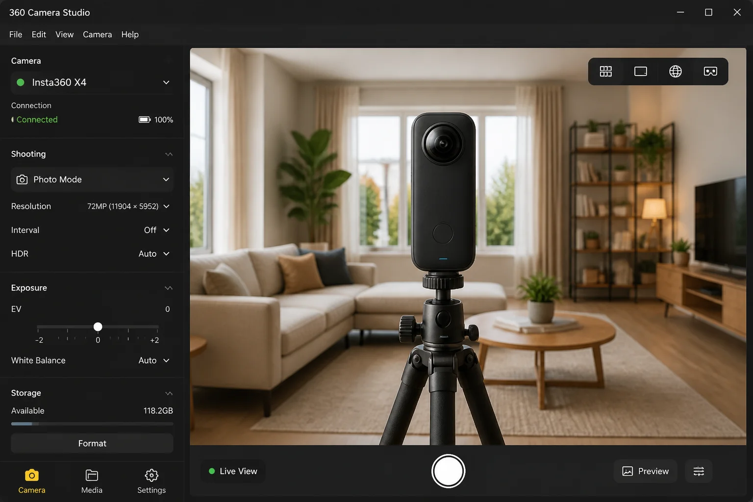 Current high-resolution 360 camera mounted at eye level on a tripod inside a well-lit room