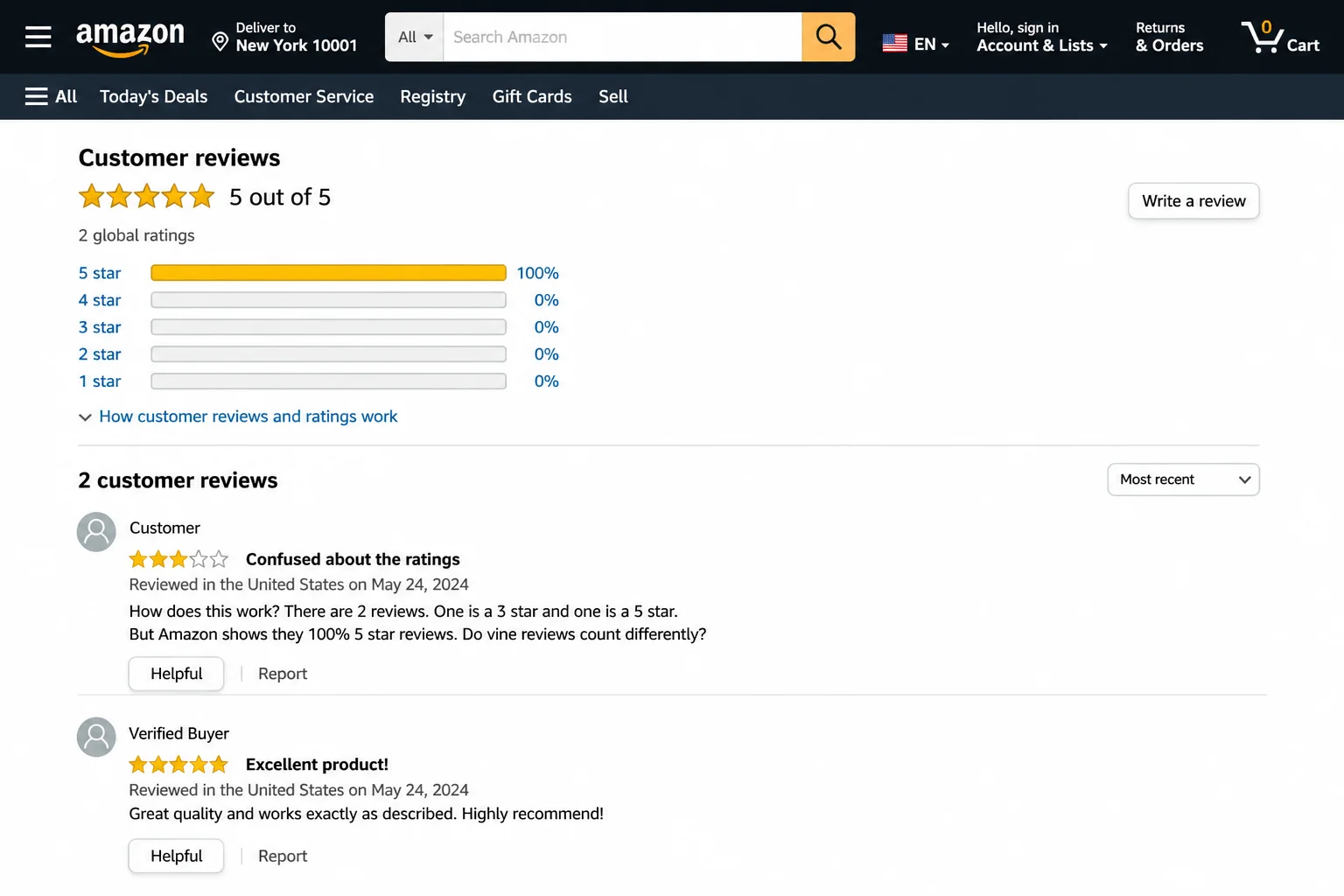 Amazon reviews section showing multiple short generic 5-star reviews alongside more detailed and varied reviews, illustrating the contrast in authenticity