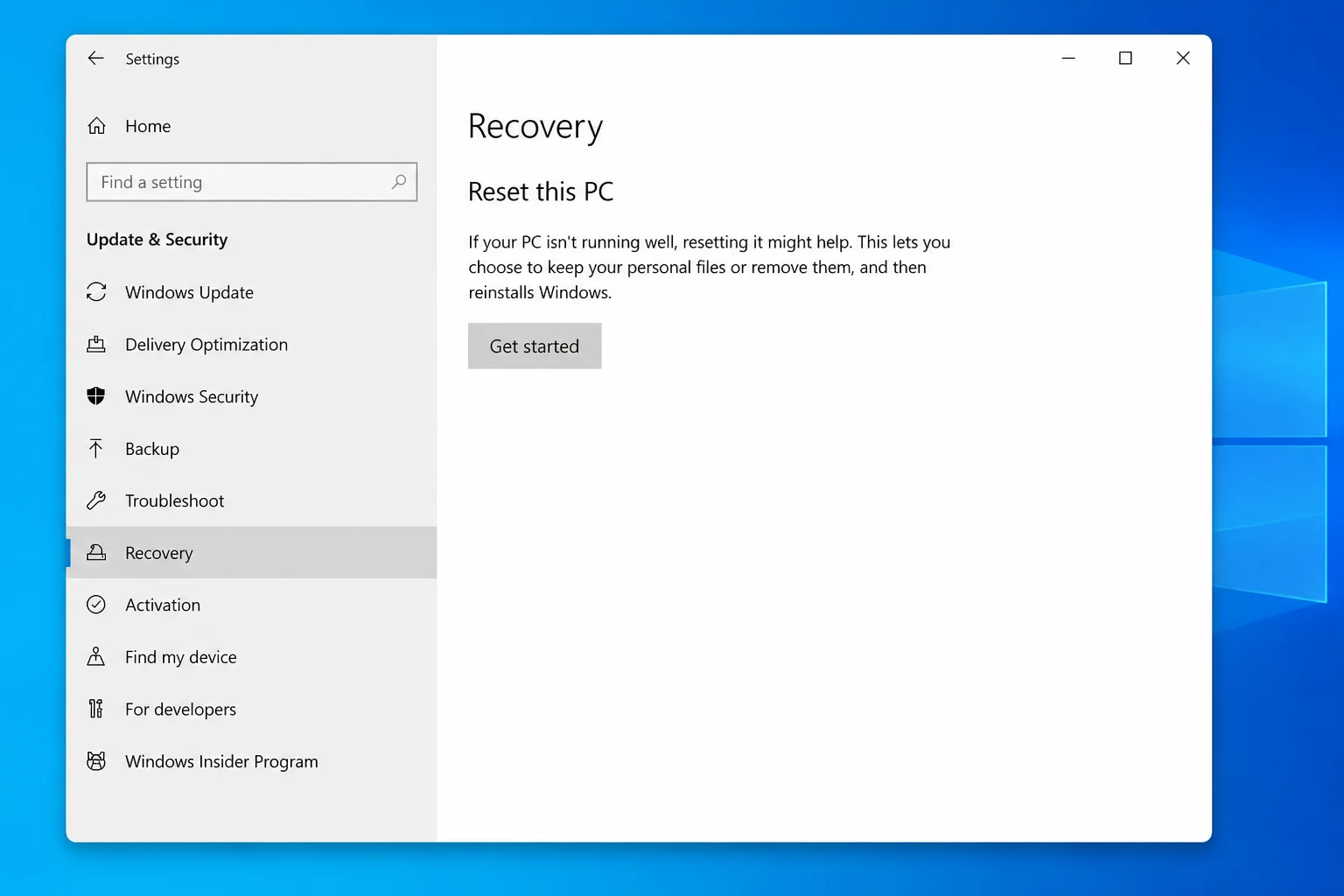 Windows 10 Recovery settings page showing Reset this PC section with Get started button