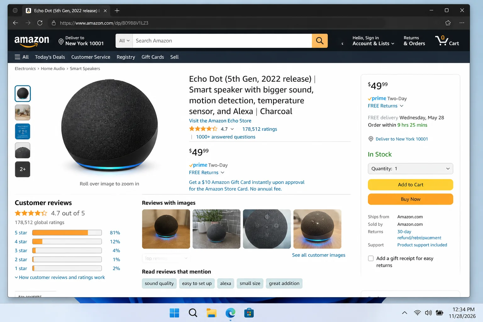 Amazon product listing showing seller information, review count, and review date distribution