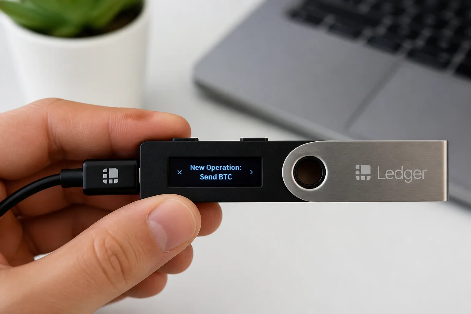 Ledger Nano S hardware cryptocurrency wallet on a clean white surface, displaying the Ledger logo on its small OLED screen with the USB connection visible