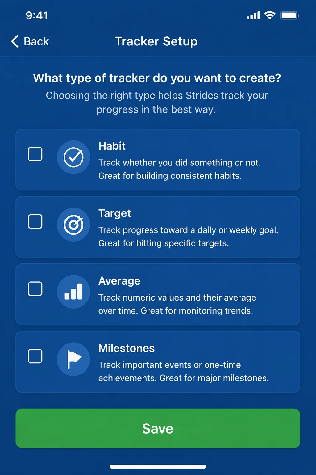Strides tracker setup screen showing Habit, Target, Average, and Milestones as available tracking types