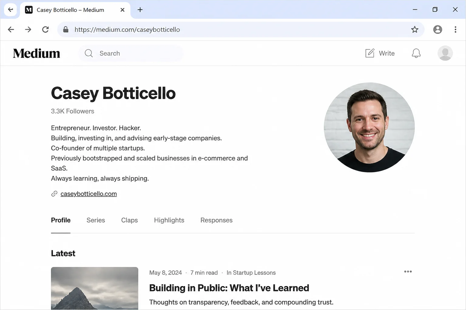 Medium writer profile page showing bio, website link, and list of published articles with follower count visible