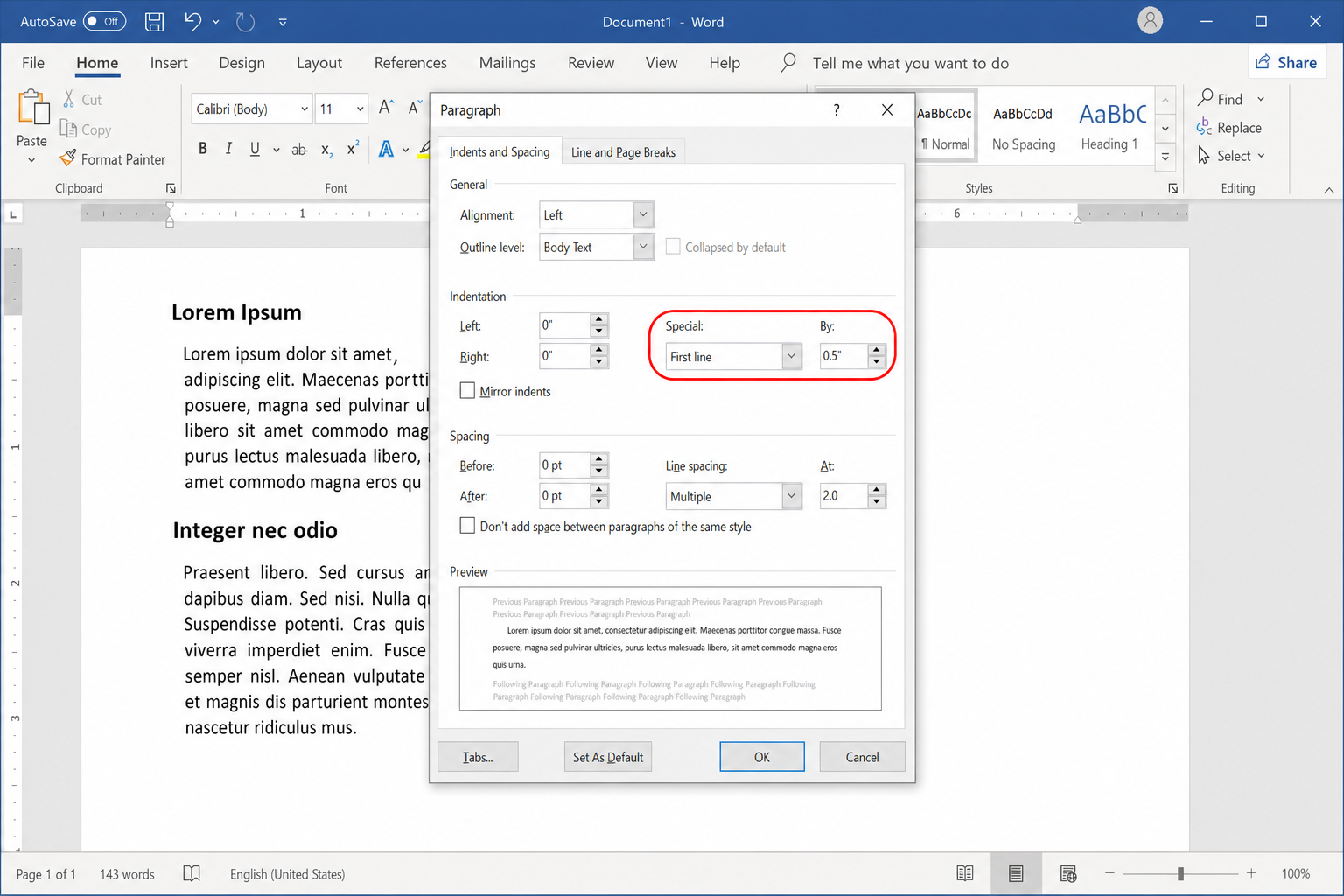 Word Paragraph dialog showing Indentation section with Special set to First line and By field showing 0.5 inches