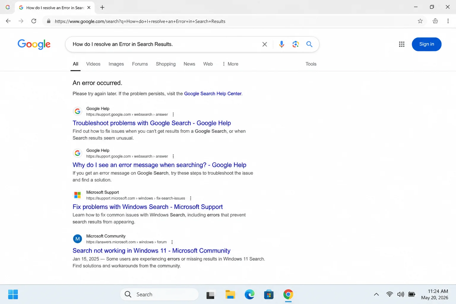Google search results page for a common Windows 11 error message, showing relevant support articles and forum results