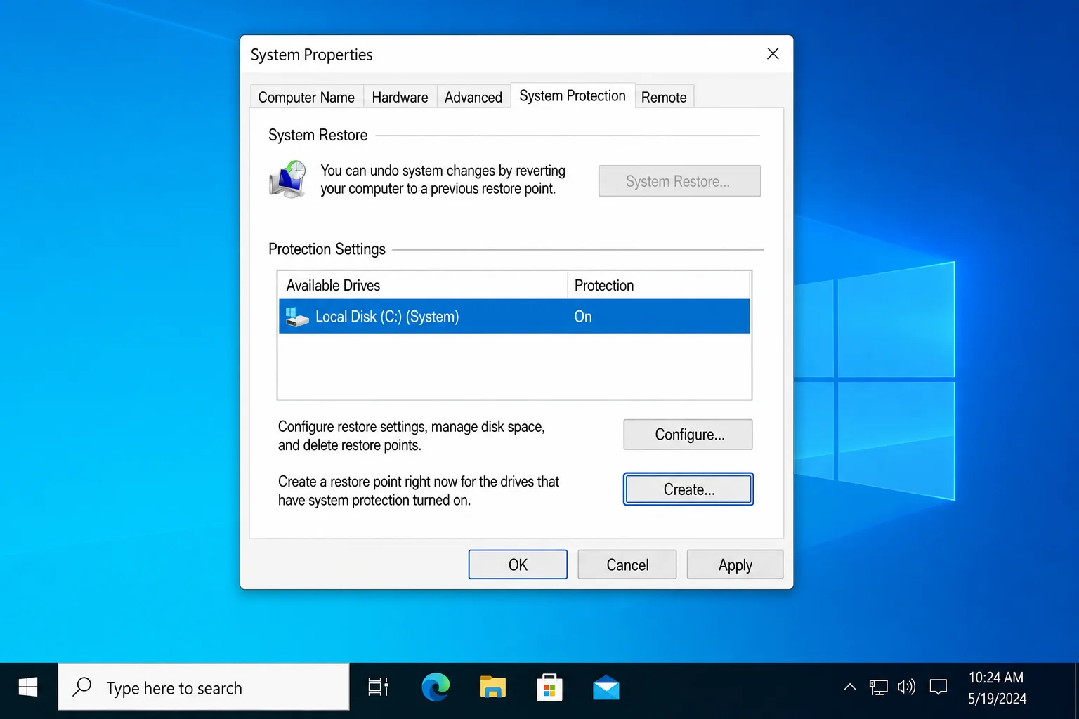 System Properties > System Protection tab with the Create button highlighted at the bottom