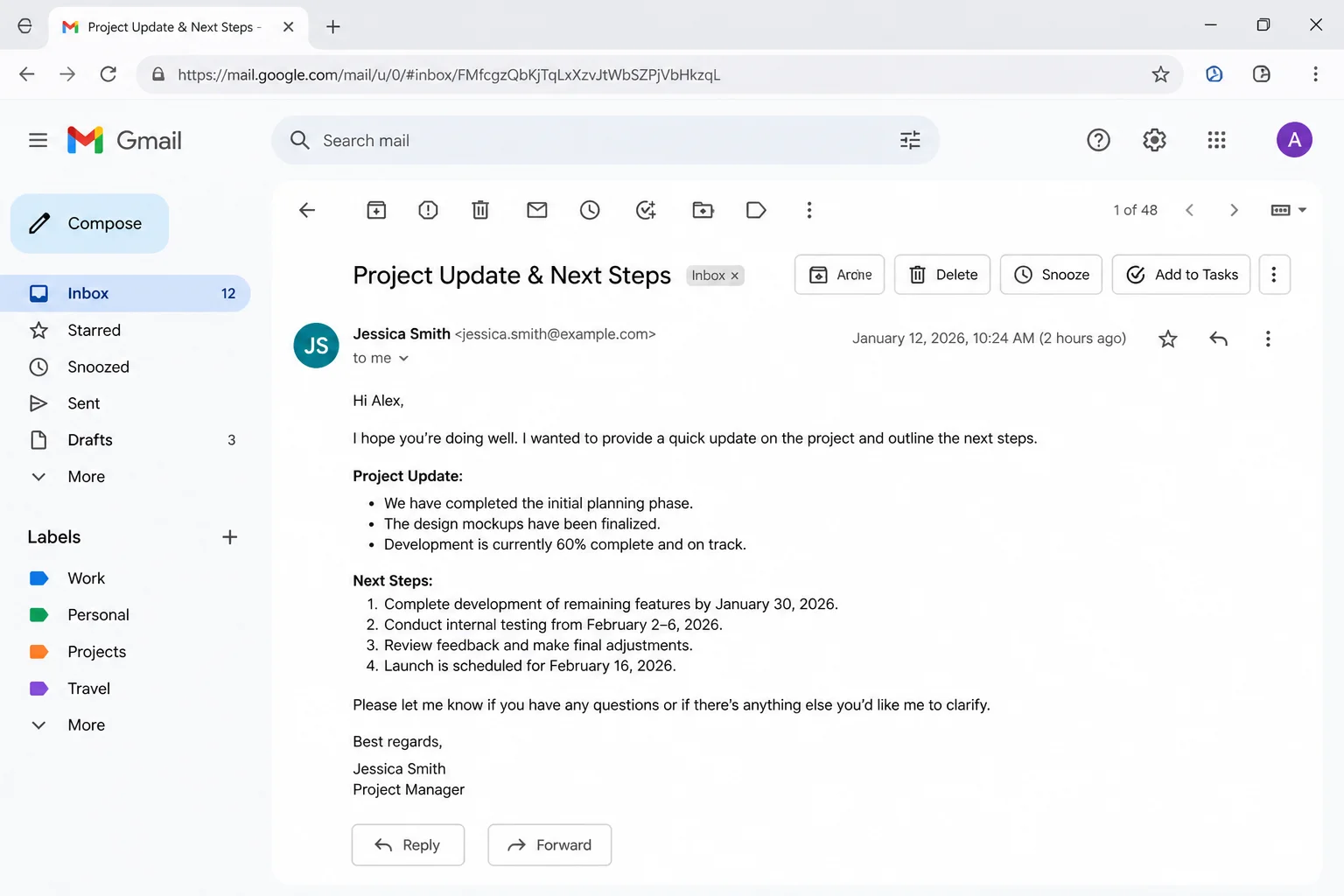 Open Gmail message with Archive, Delete, Snooze, Add to Tasks, and More controls visible