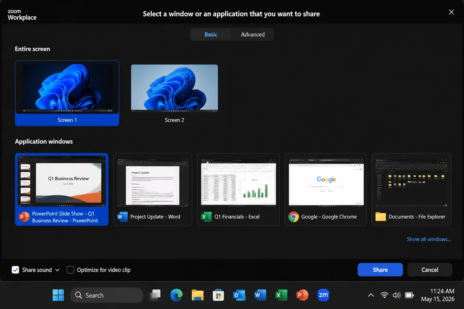 Zoom Workplace Share Screen window with a PowerPoint slideshow selected and Share sound enabled