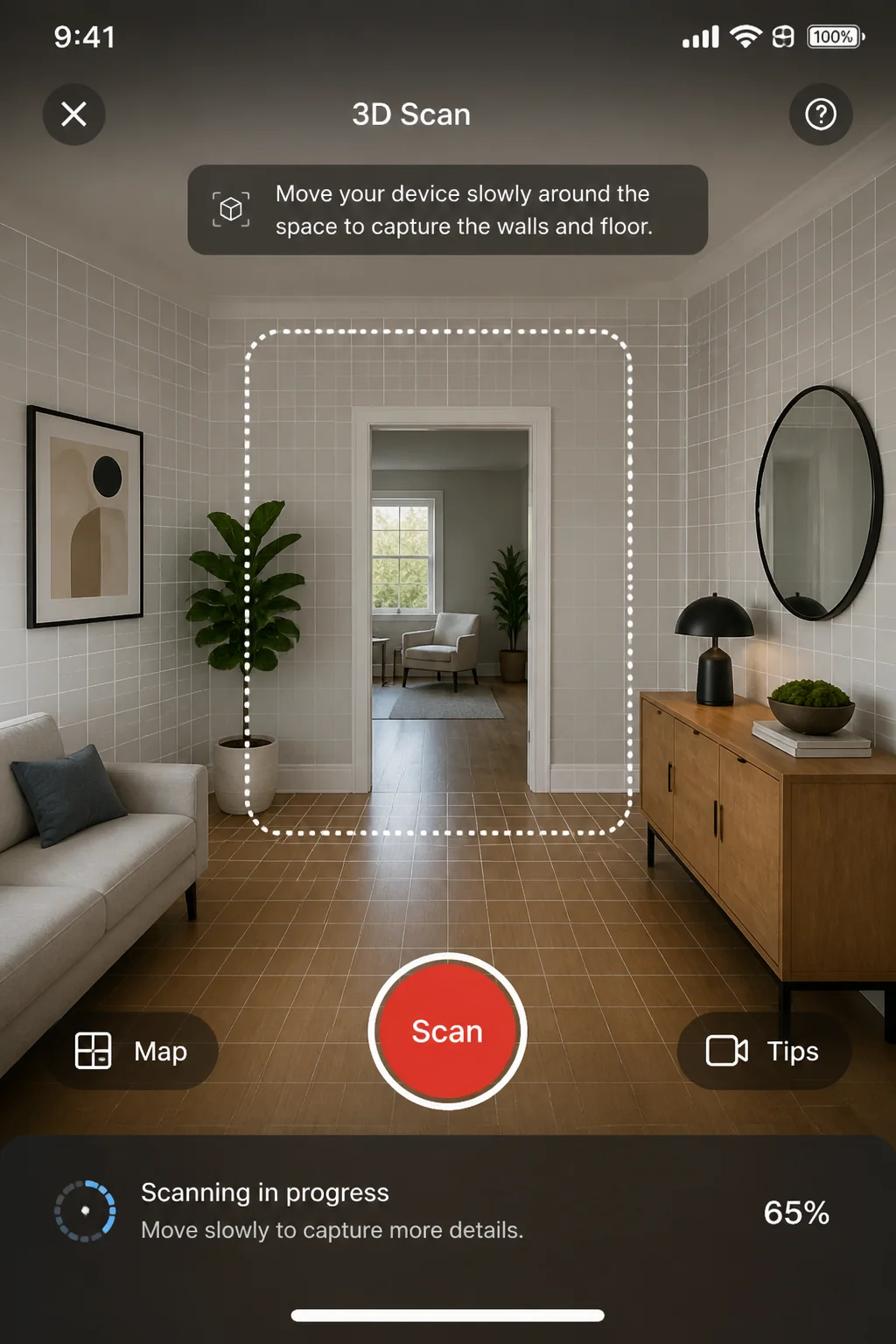 Current mobile 3D scanning interface mapping walls and floor while the user walks through a room