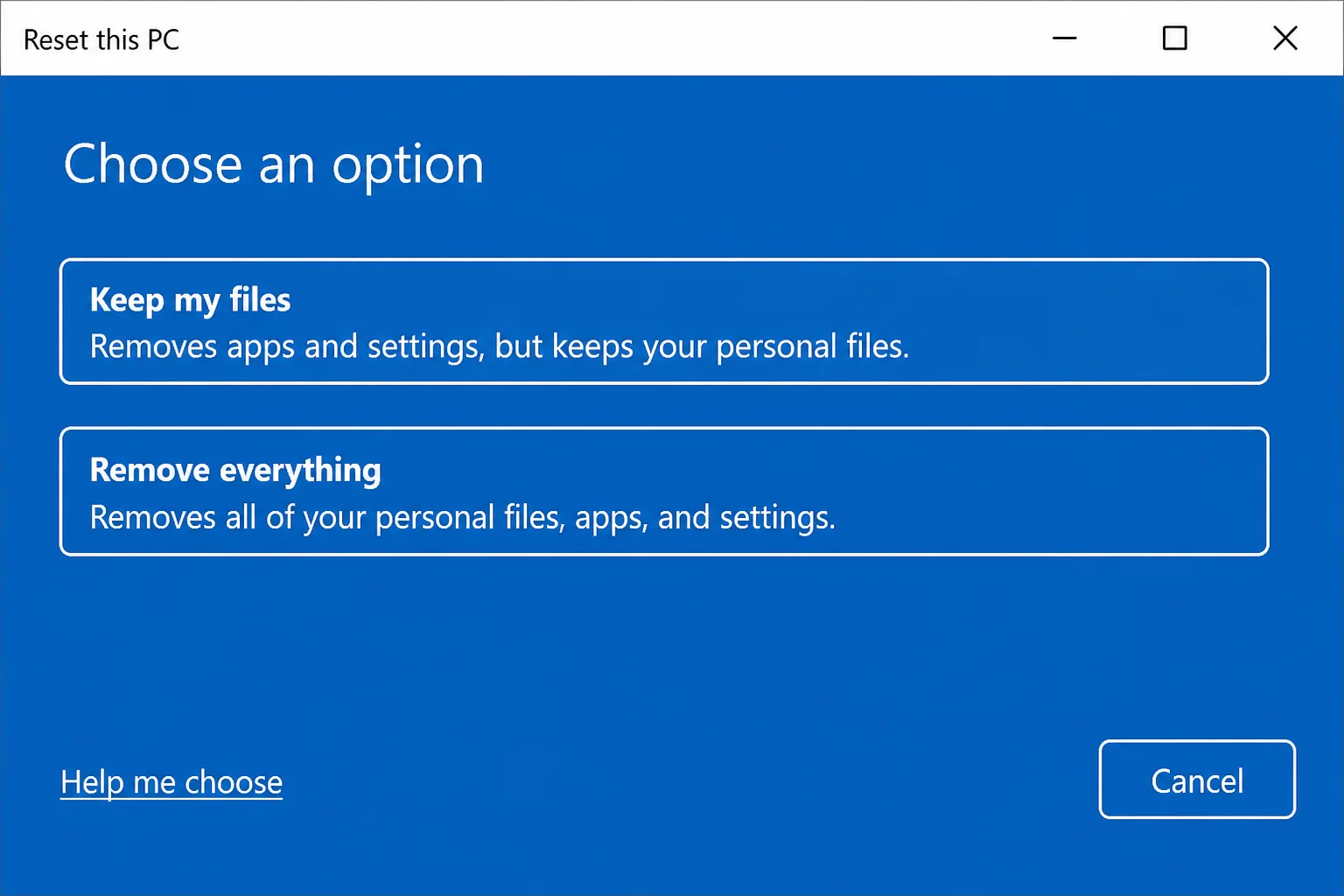 Reset this PC dialog showing Keep my files and Remove everything options with Keep my files highlighted