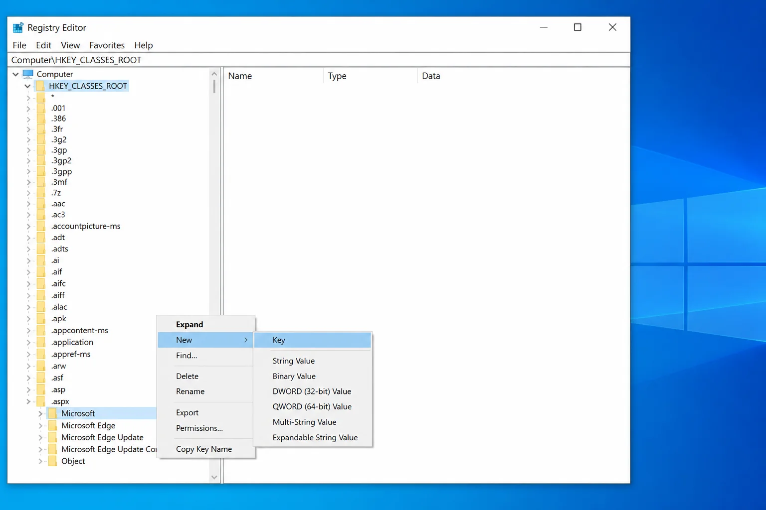 Registry Editor showing right-click context menu on Microsoft key with New > Key option highlighted, creating the OEM subkey