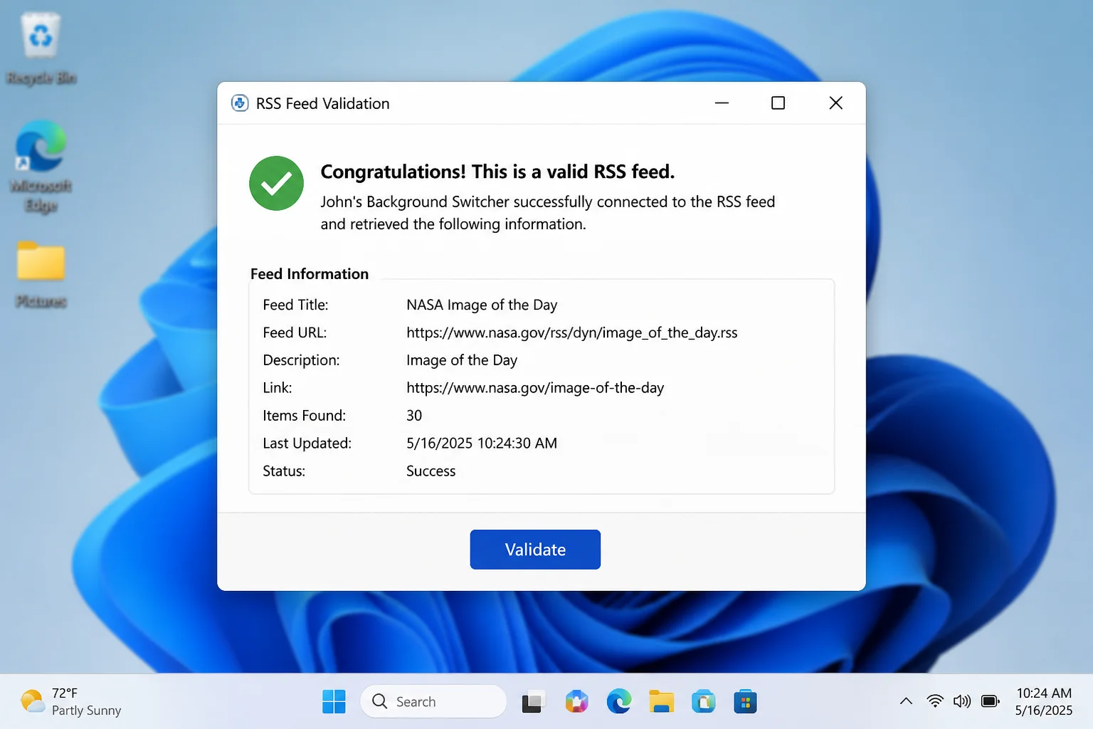 JBS RSS feed validation dialog showing a successful validation confirmation message after testing a feed URL