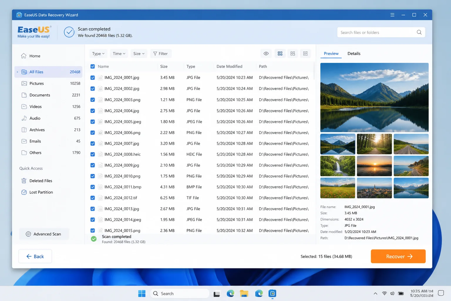 EaseUS Data Recovery Wizard scan results showing photo thumbnails in the preview panel on the right side
