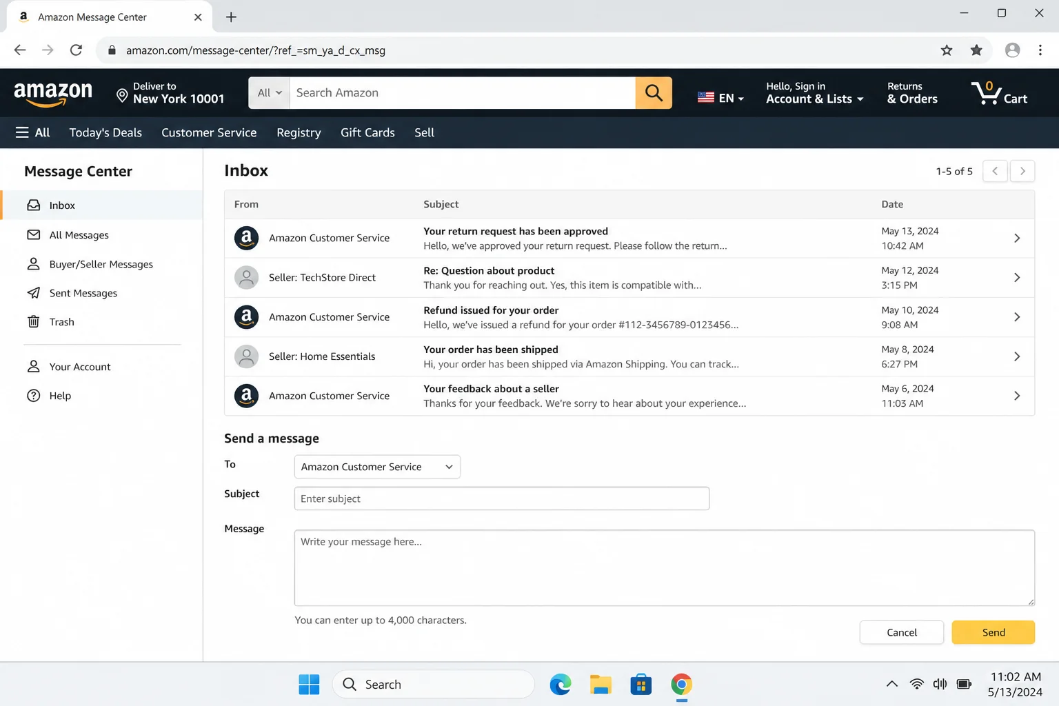 Amazon Message Center page showing communication history from Amazon