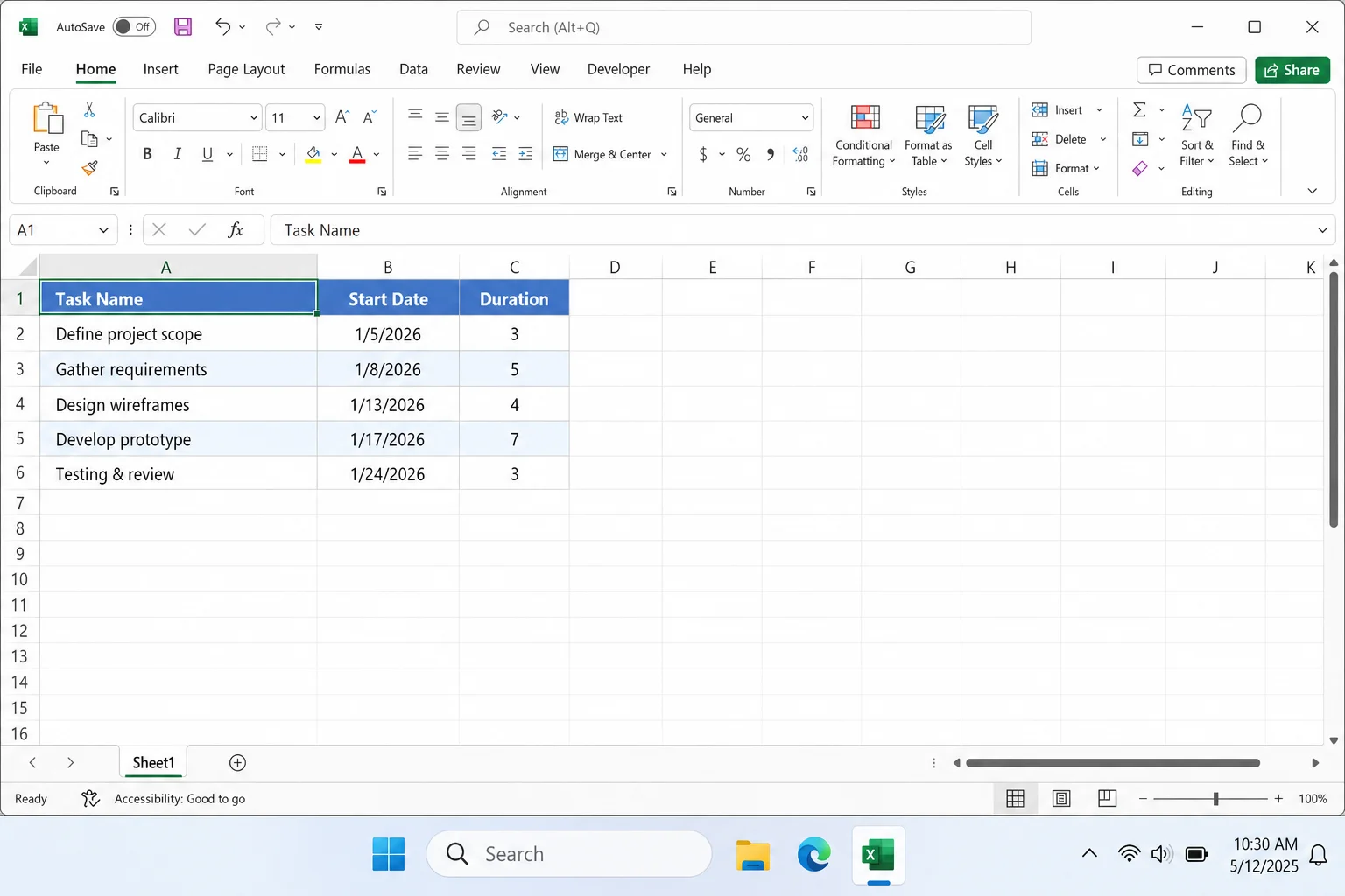 Excel spreadsheet with a simple 3-column table — Task Name in column A, Start Date in column B (formatted as dates), Duration in column C — with 5 sample tasks and a header row