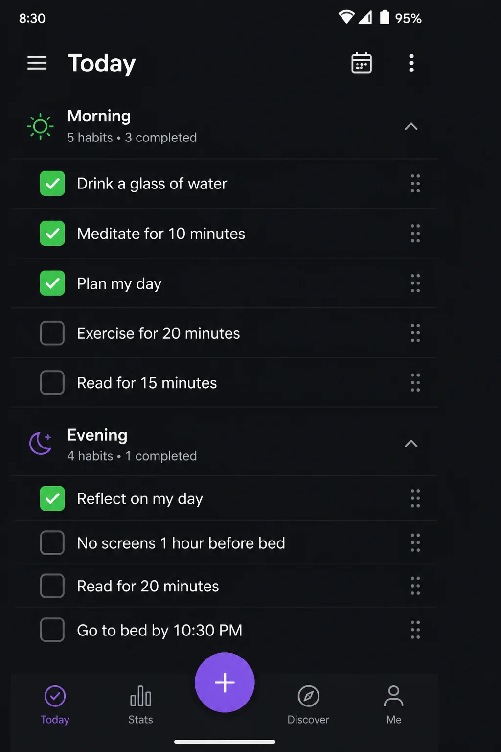 Productive habit schedule showing morning and evening routines with completed and upcoming habits