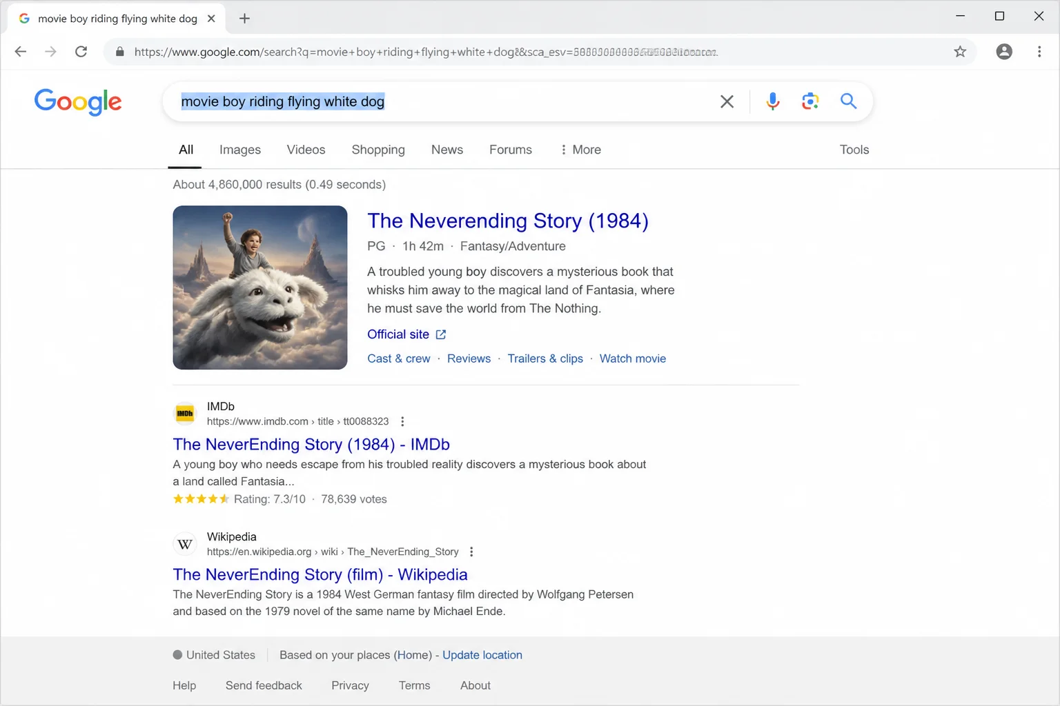 Google Search results for "movie boy riding flying white dog" showing The Neverending Story as the top result