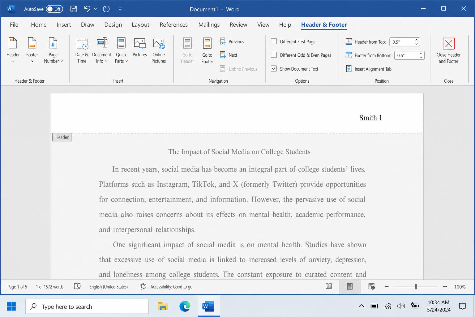 Word header area showing last name and auto page number right-aligned, with Header and Footer tab visible in ribbon