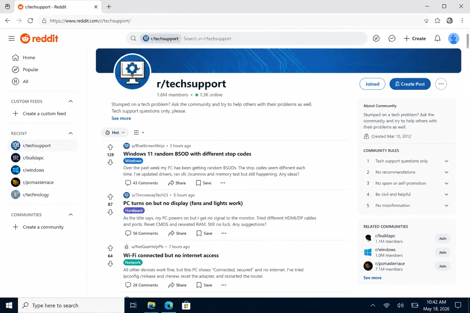 Reddit r/techsupport page showing active posts with community members helping with computer problems