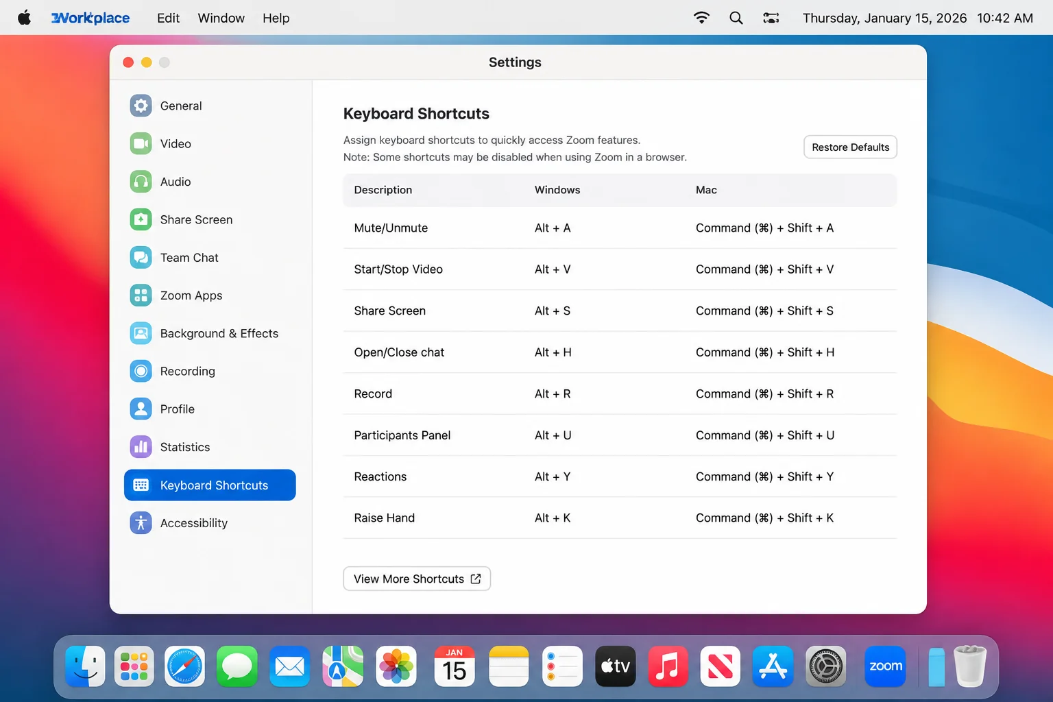 Zoom Workplace Settings open to Keyboard Shortcuts with microphone and screen-sharing shortcuts visible