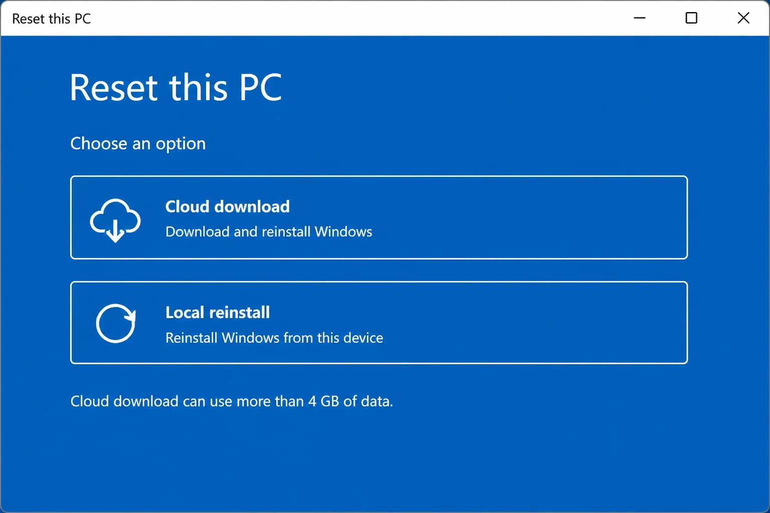 Reset this PC screen showing Cloud download and Local reinstall options