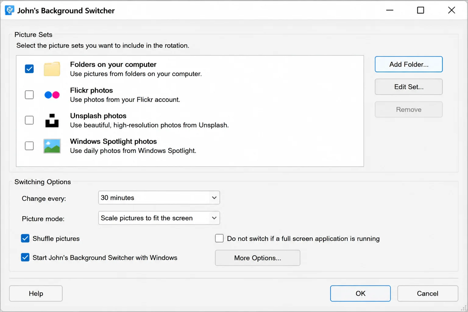 JBS 6.1 main window showing the full Switching Options section with Change every and Picture mode controls visible