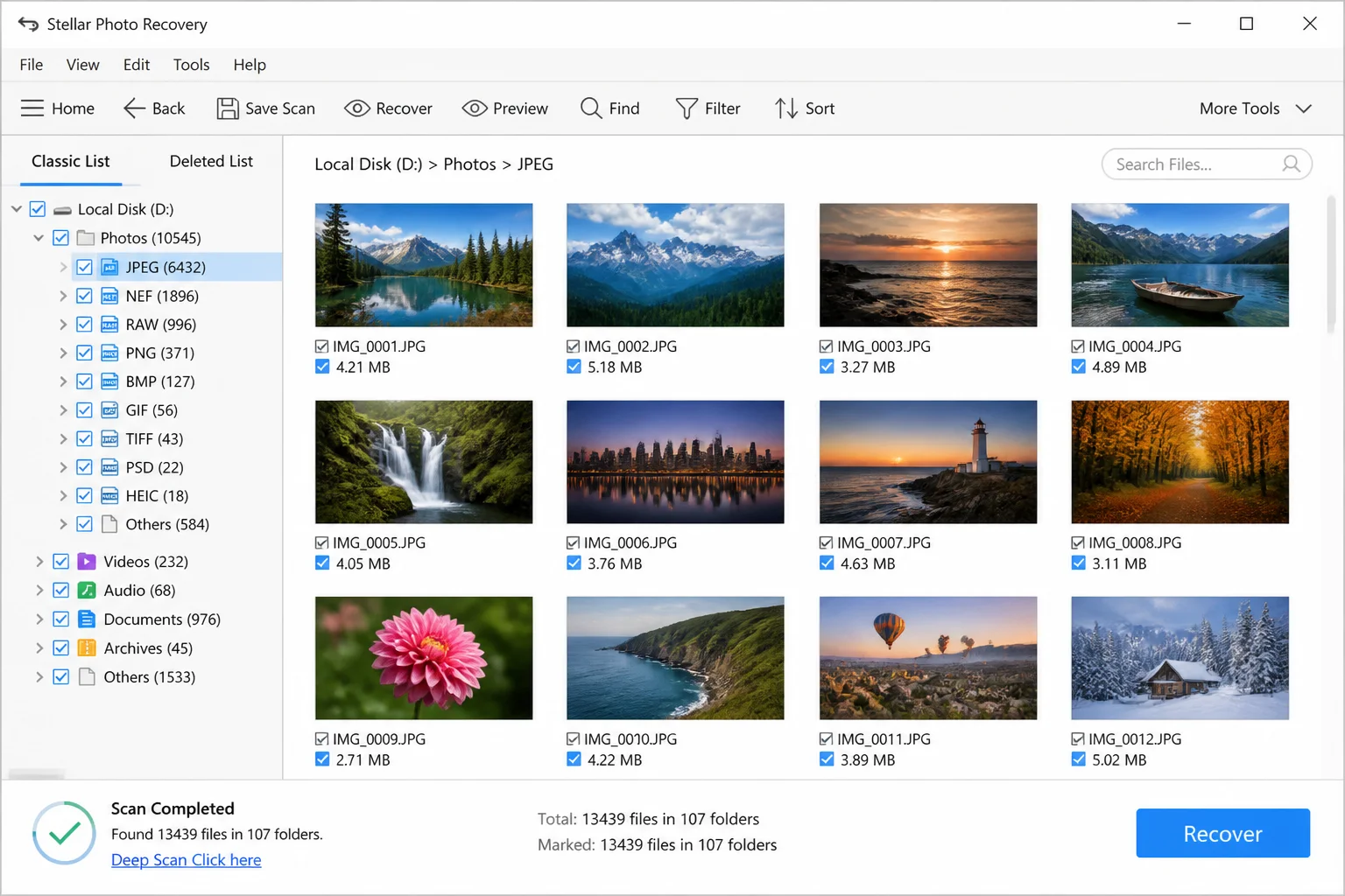 Stellar Photo Recovery scan results page with photo thumbnail previews and file format filter options visible