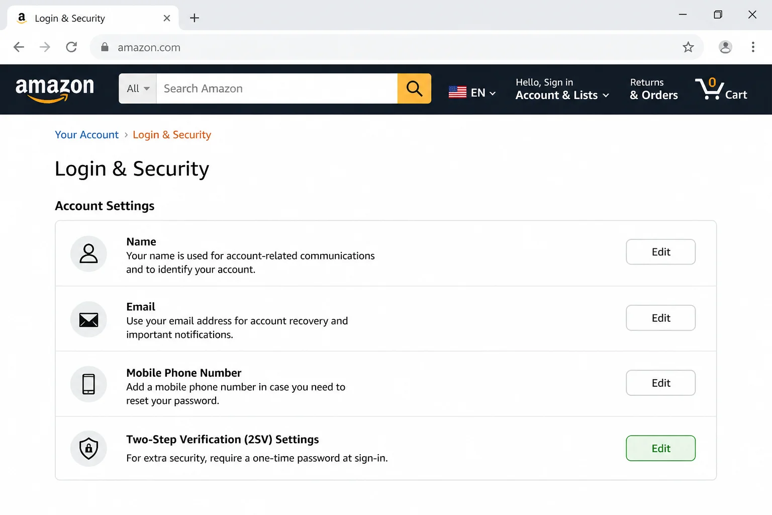 Amazon Login & security page showing Two-Step Verification section with Edit button