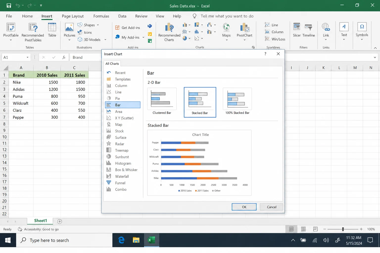 Excel Insert Chart dialog showing the Bar chart category selected, with Stacked Bar highlighted — not 100% Stacked Bar