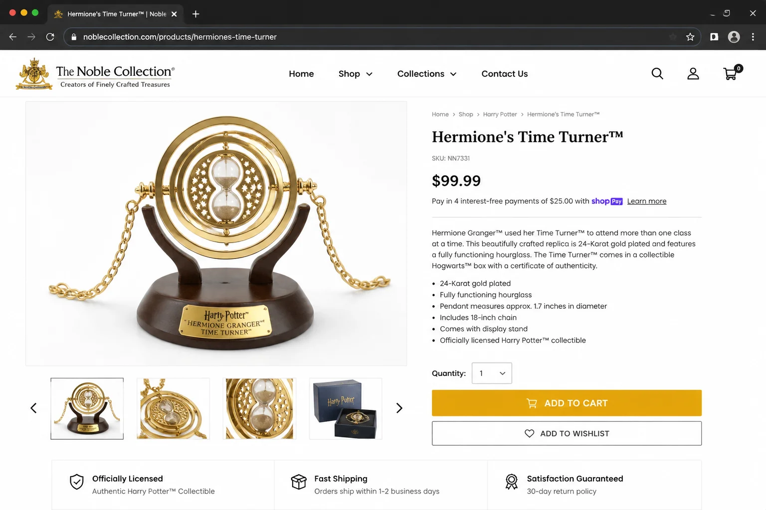 Warner Bros licensed Hermione's Time Turner replica in 24-karat gold plate finish, displayed on its included decorative stand with the hourglass and ring detail visible