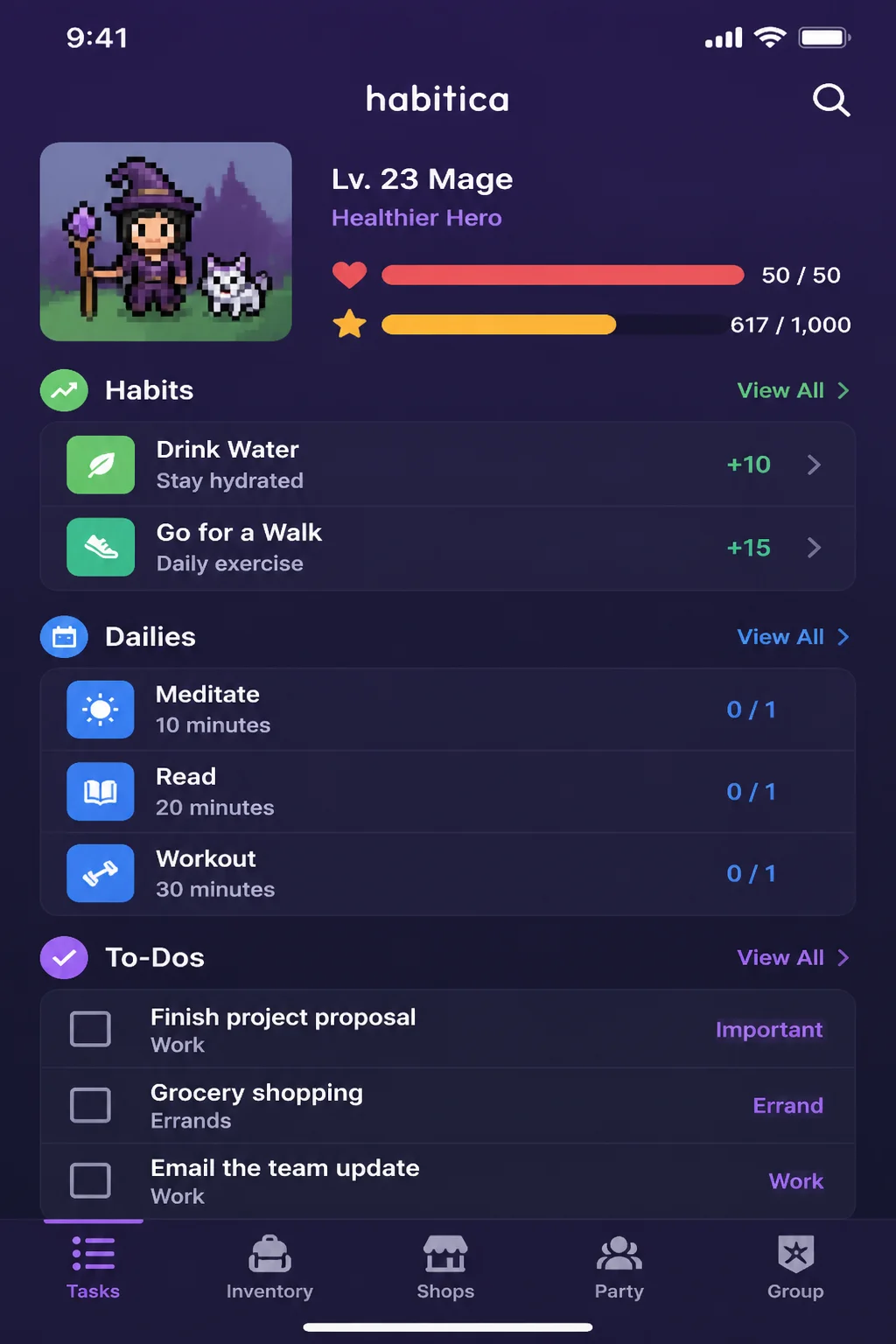 Habitica task dashboard showing Habits, Dailies, and To-Dos alongside the user's RPG character and rewards